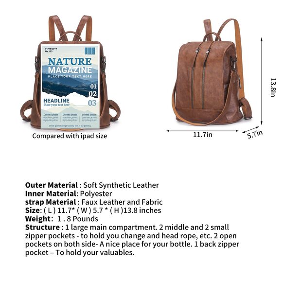 2804 Leather Backpack Purse PU Leather Rucksack Convertible Handbag College